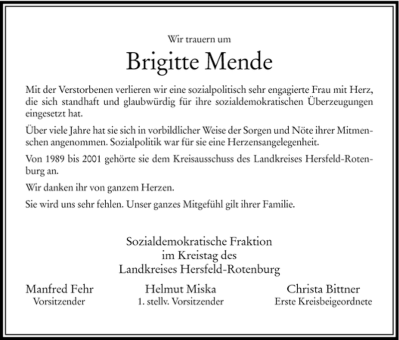  Traueranzeige für Brigitte Mende vom 24.04.2007 aus HNA