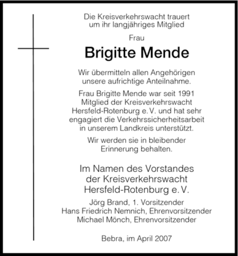  Traueranzeige für Brigitte Mende vom 25.04.2007 aus HNA