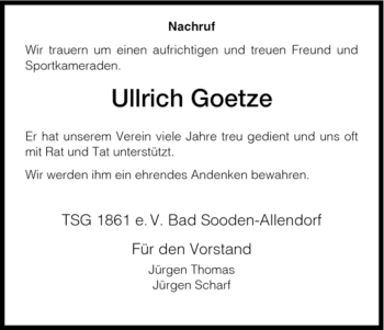 Traueranzeige von Ullrich Goetze von HNA