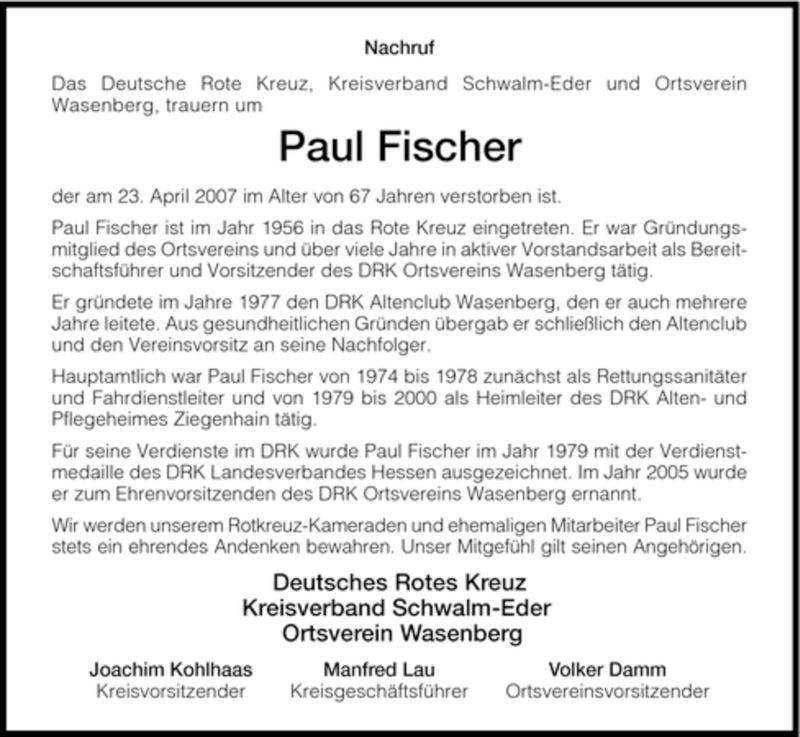 Traueranzeigen von Paul Fischer Trauer.HNA.de