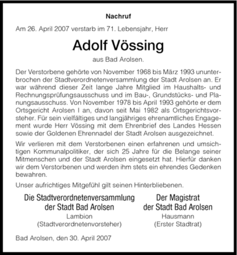  Traueranzeige für Adolf Vössing vom 01.05.2007 aus HNA