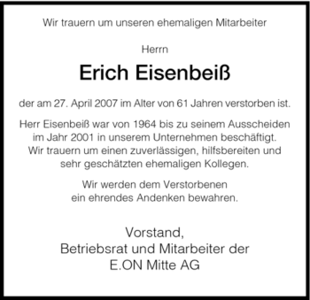 Traueranzeige von Erich Eisenbeiß von HNA