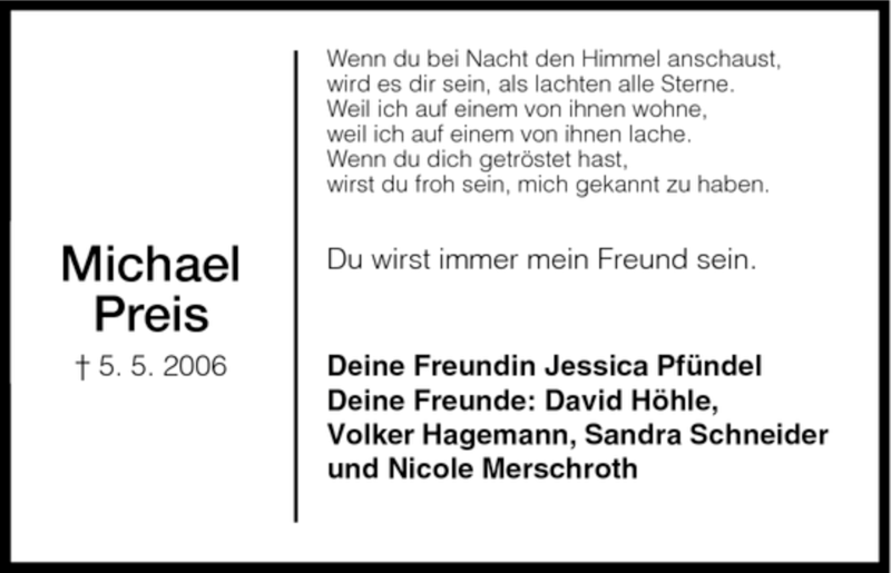  Traueranzeige für Michael Preis vom 05.05.2007 aus HNA