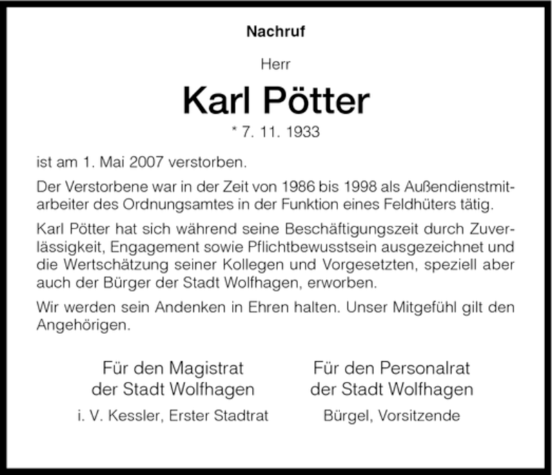 Traueranzeige für Karl Pötter vom 07.05.2007 aus HNA