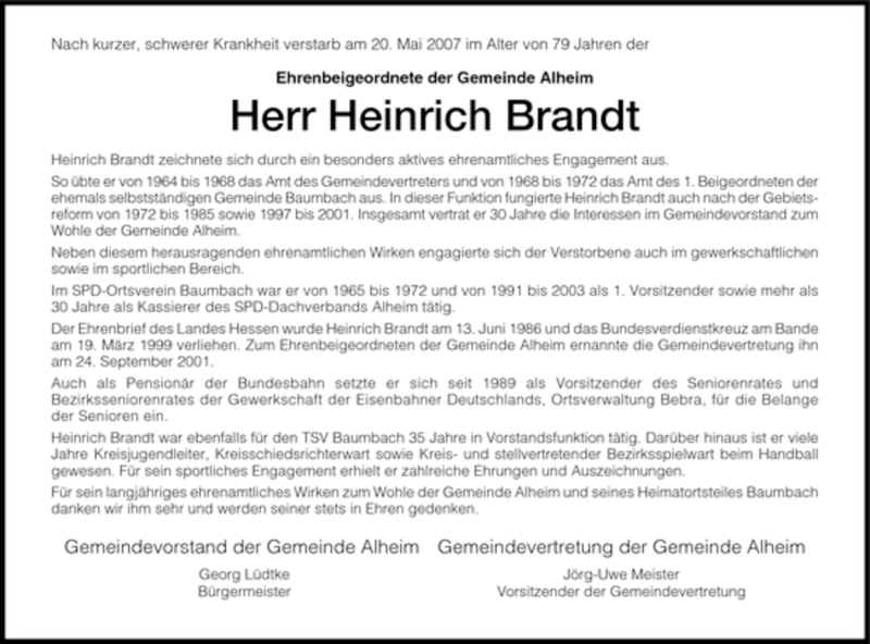  Traueranzeige für Heinrich Brandt vom 23.05.2007 aus HNA