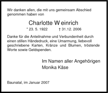 Traueranzeige von Charlotte Weinrich von HNA