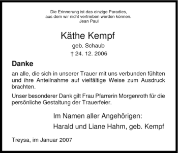 Traueranzeige von Kaethe Kempf von HNA