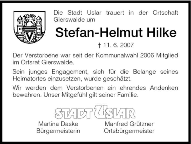  Traueranzeige für Stefan-Helmut Hilke vom 13.06.2007 aus HNA
