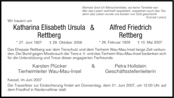 Traueranzeige von Katharina Elisabeth Ursula & Alfred Friedrich Rettberg von HNA