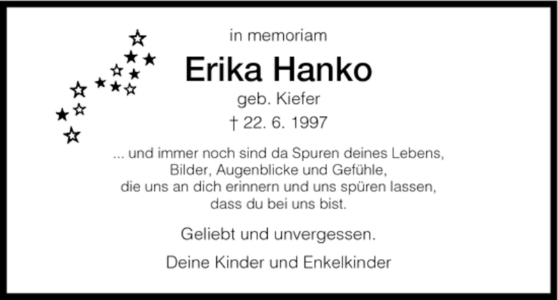  Traueranzeige für Erika Hanko vom 22.06.2007 aus HNA