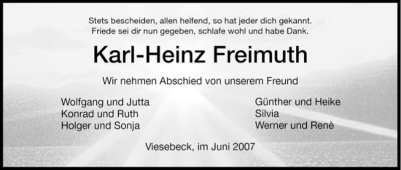 Traueranzeige für Karl-Heinz Freimut vom 22.06.2007 aus HNA