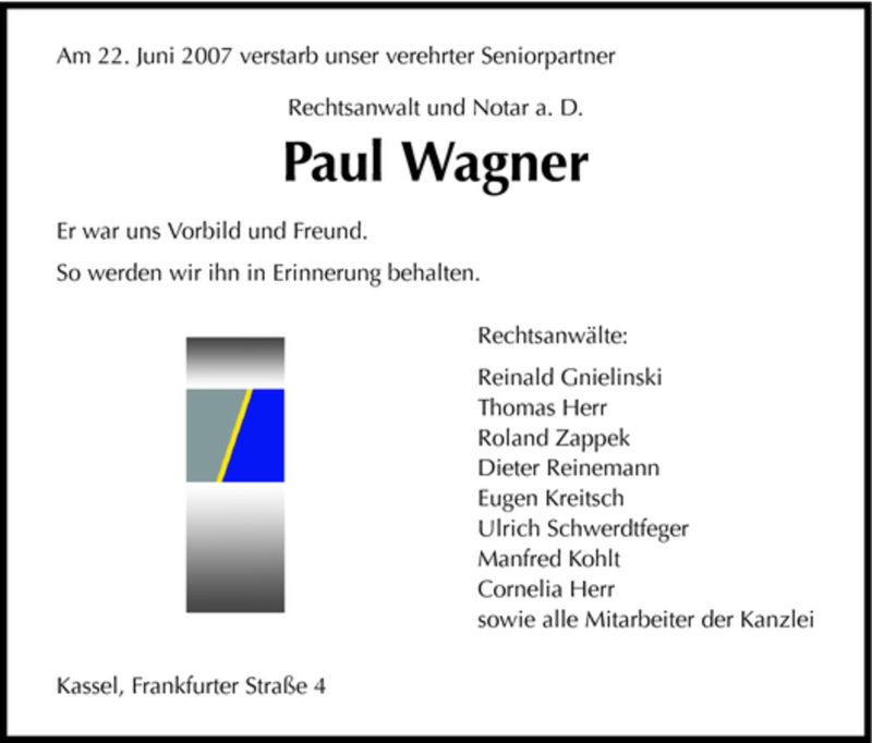  Traueranzeige für Paul Wagner vom 30.06.2007 aus HNA