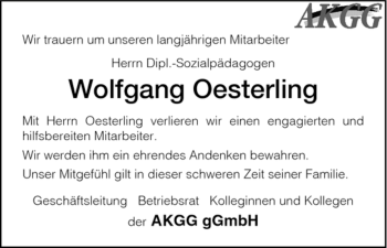 Traueranzeige von Wolfgang Oesterling von HNA