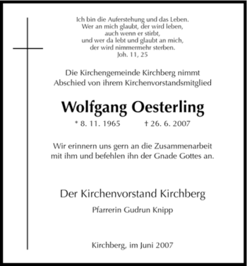 Traueranzeige von Wolfgang Oesterling von HNA