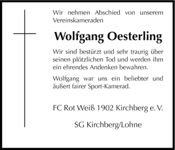 Traueranzeige von Wolfgang Oesterling von HNA