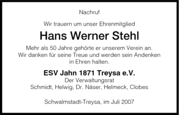 Traueranzeige von Hans Werner Stehl von HNA