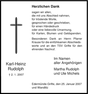 Traueranzeige von Karl-Heinz Rudolph von HNA