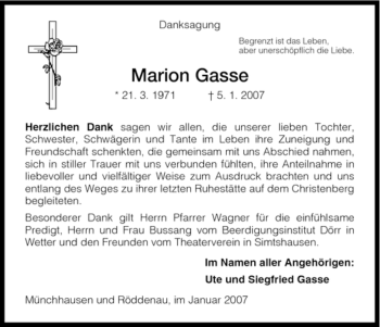 Traueranzeige von Marion Gasse von HNA