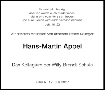 Traueranzeige von Hans-Martin Appel von HNA