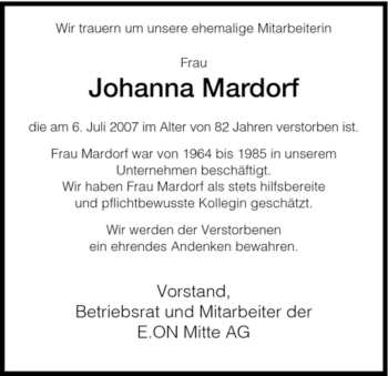 Traueranzeige von Johanna Mardorf von HNA