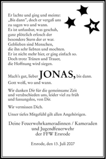 Traueranzeige von Unbekannt Jonas von HNA