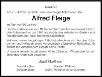 Traueranzeige von Alfred Fleige von HNA