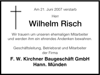 Traueranzeige von Wilhelm Risch von HNA