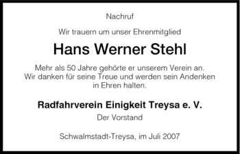 Traueranzeige von Hans Werner Stehl von HNA