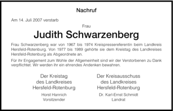 Traueranzeige von Judith Schwarzenberg von HNA