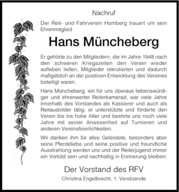 Traueranzeige von Hans Müncheberg von HNA