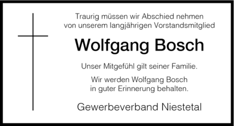  Traueranzeige für Wolfgang Bosch vom 04.08.2007 aus HNA