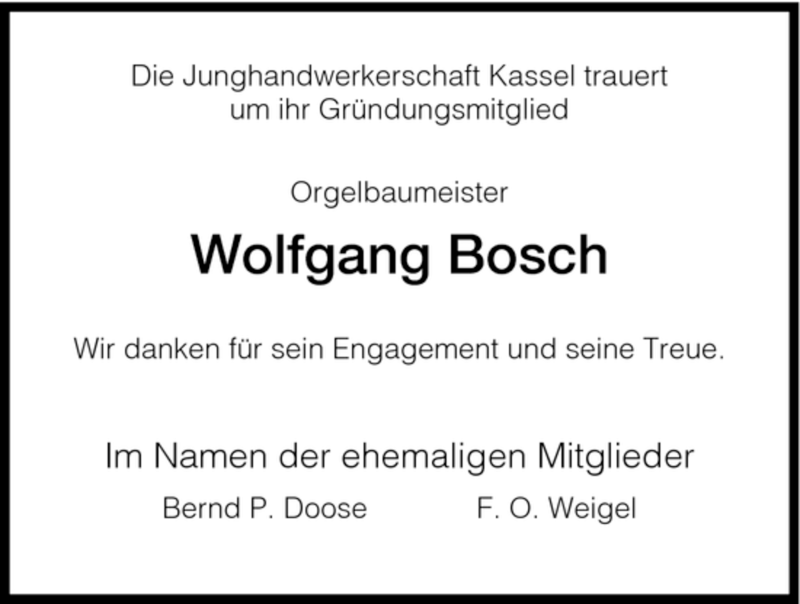  Traueranzeige für Wolfgang Bosch vom 07.08.2007 aus HNA
