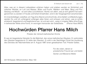 Traueranzeige von Hans Milch von HNA