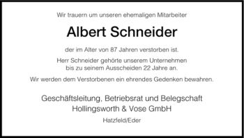 Traueranzeige von Albert Schneider von HNA
