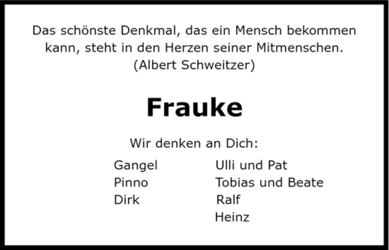  Traueranzeige für Frauke Schmidt vom 14.08.2007 aus HNA