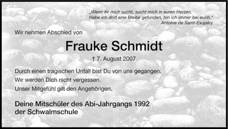  Traueranzeige für Frauke Schmidt vom 14.08.2007 aus HNA