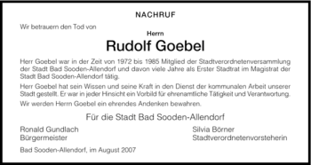 Traueranzeige von Goebel Rudolf von HNA