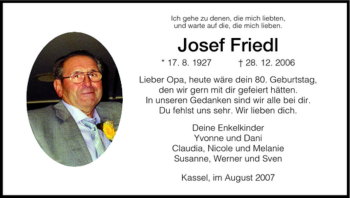 Traueranzeige von Josef Friedl von HNA