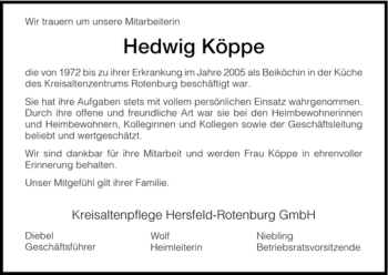 Traueranzeige von Hedwig Koeppe von HNA