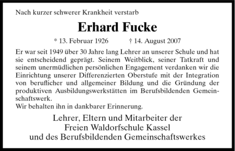  Traueranzeige für Erhard Fucke vom 20.08.2007 aus HNA