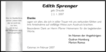 Traueranzeige von Edith Sprenger von HNA