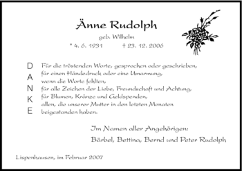 Traueranzeige von Aenne Rudolph von HNA