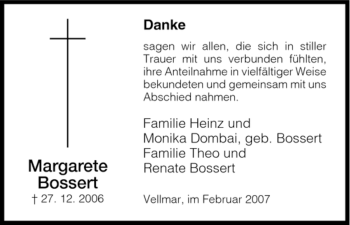 Traueranzeige von Margarete Bossert von HNA