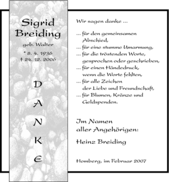 Traueranzeige von Sigrid Breiding von HNA