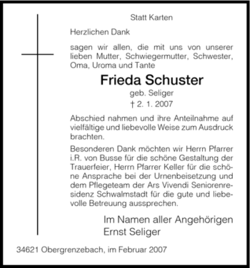 Traueranzeige von Frieda Schuster von HNA