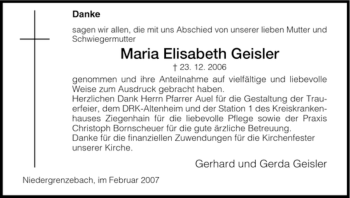 Traueranzeige von Maria Geisler von HNA