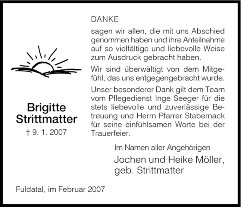  Traueranzeige für Brigitte Strittmatter vom 03.02.2007 aus HNA