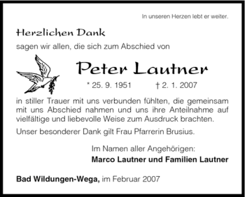 Traueranzeige von Peter Lautner von HNA