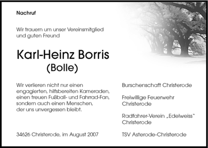  Traueranzeige für Karl-Heinz Borris vom 25.08.2007 aus HNA