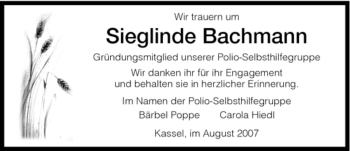 Traueranzeige von Sieglinde Bachmann von HNA